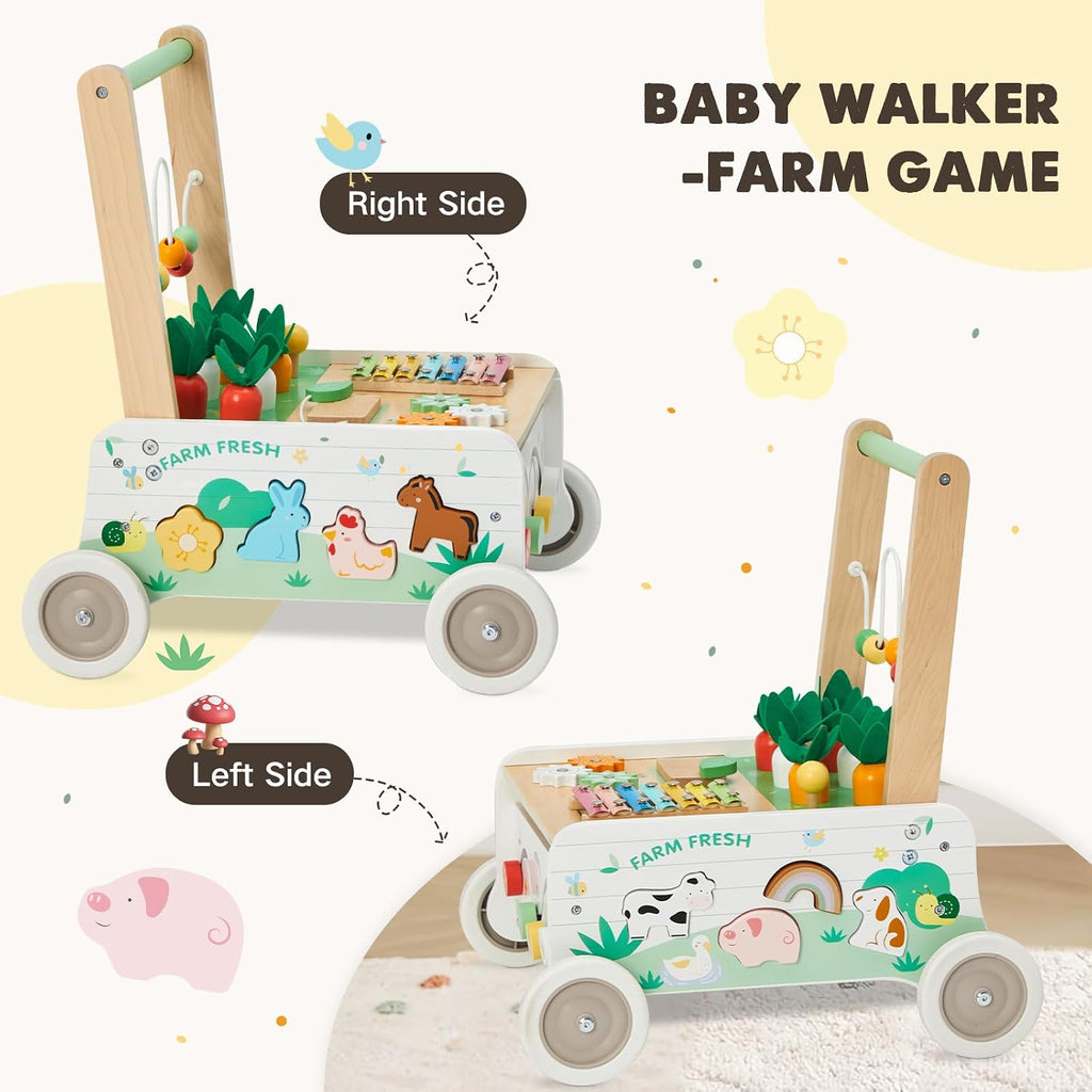 Wooden Baby Walker, Baby Push Walker with Wheels, Adjustable Speed