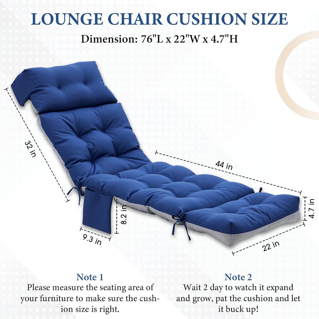 Outdoor Chaise Lounge Chair Cushion, 76"x22"x4.7", Dark Blue | Waterproof Memory Foam Thickened Pool Lounge Chair