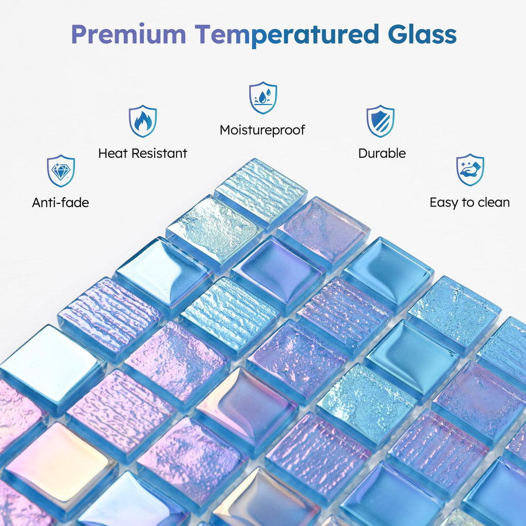 Pool Glass Mosaic Tiles, Iridescent Blue, 1 Inch Sqaure, 5 Sheets