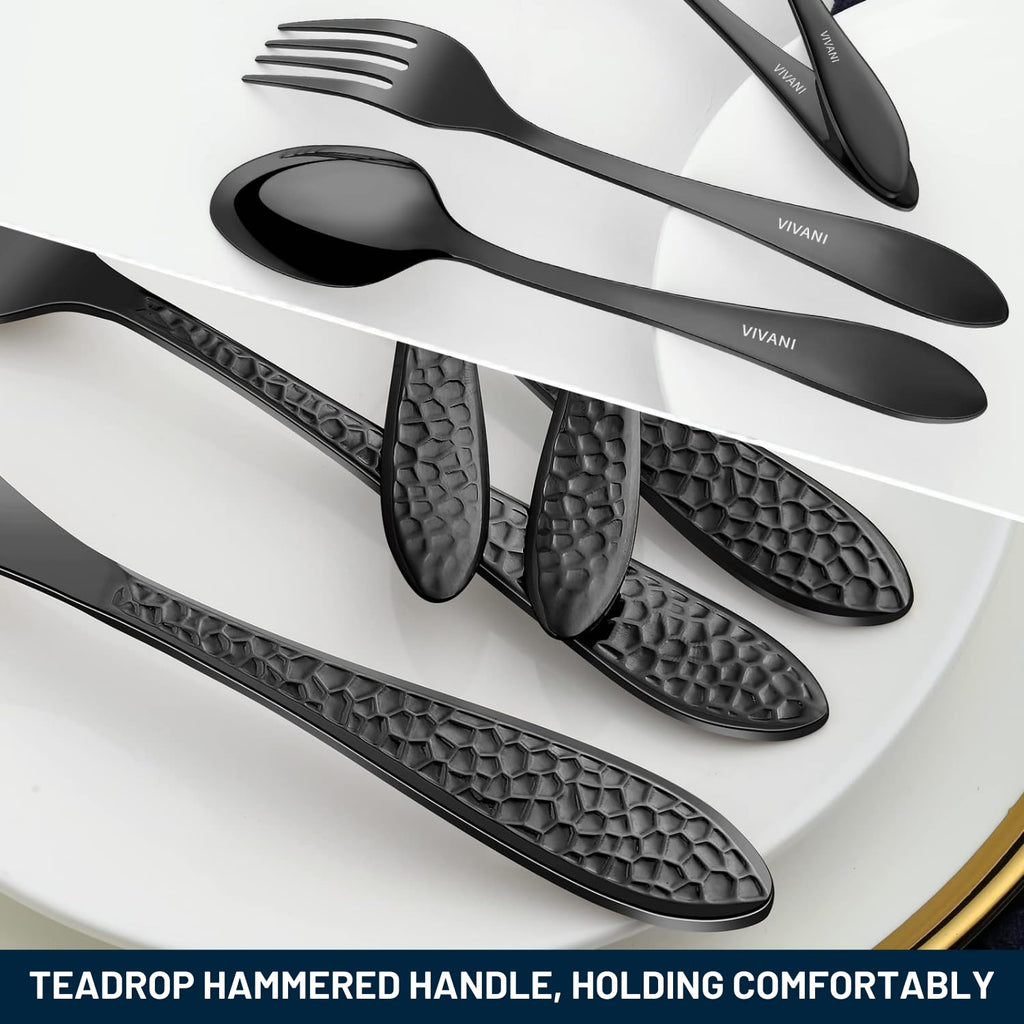 40-Piece Black Silverware Set, Hammered Flatware Set, Service for 8
