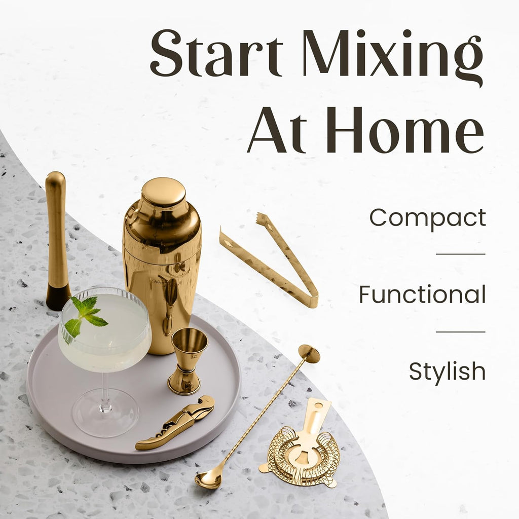Cocktail Shaker Set with Dark Bamboo Stand - Professional 10-Piece Bartender Kit - Complete Bar Set & Cocktail Mixer - Set of 10