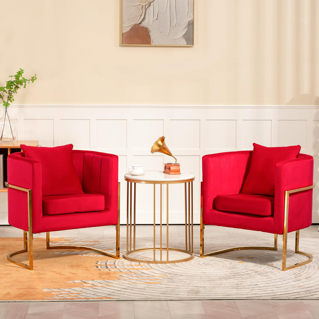 Velvet Accent Chair, Mid Century Modern Upholstered Barrel Armchair, Comfy Single Vanity Chair with Metal Gold Legs