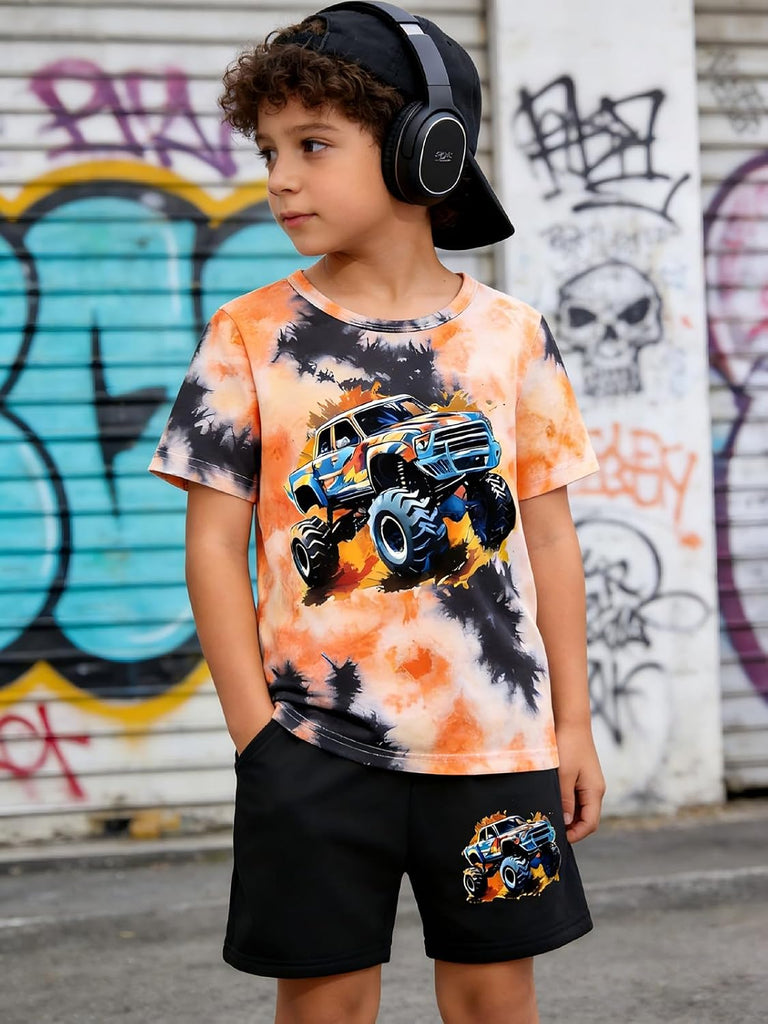 Boys Clothes Piece Summer Outfit 3D Car Print Tie-Dye T-Shirt & Elastic Waist Shorts for Kids Clothing Set