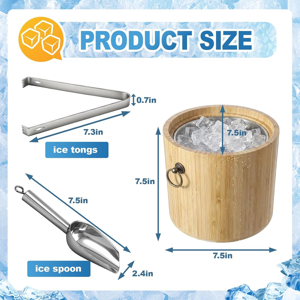 3L Bamboo Ice Bucket with Stainless Steel Interior, Insulated Ice Bucket with Lid & Handles, Includes Scoop & Tongs