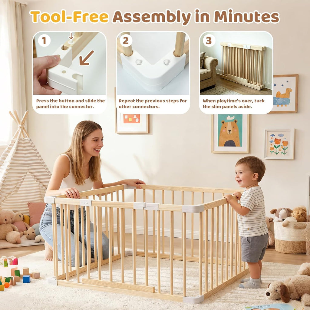 Small Wooden Baby Playpen, 36x36x24 Inch with Dual-Lock Safety Gate | Easy Assembly Activity Center, Space-Saving
