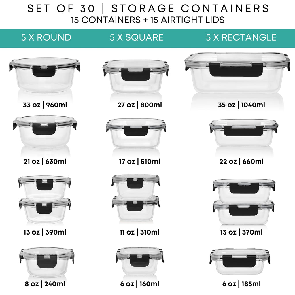 30 PC Glass Food Storage Containers with Lids - Reusable Glass Meal Prep Containers for Lunch and Leftovers
