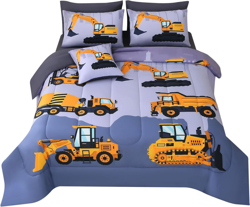Construction Twin Bedding Sets for Boys Kids,6 Piece Bed in A Bag 3D Cartoon Car Excavator Tractor Comforter Set with