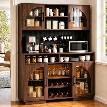 71" Tall Pantry Cabinet with Charging Station, LED Lights & Microwave Stand | 54"W Brown Modern Storage Cabinet with
