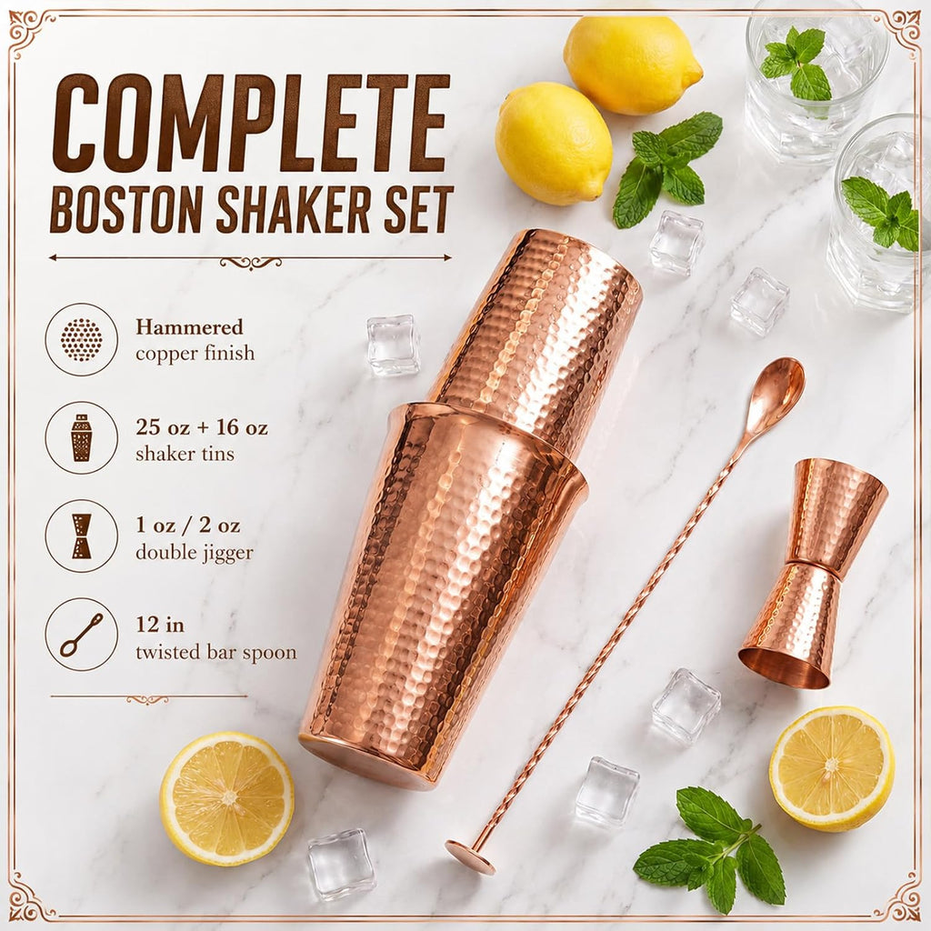 100% Solid Copper Boston Cocktail Shaker Set 16 oz & 25 oz Boston Cocktail 1oz & 2oz Doubleheaded Jigger and 12 - Set of 4