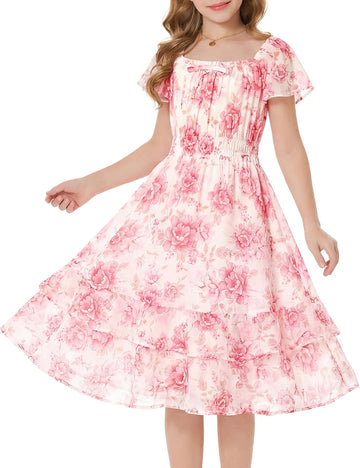 Girls Floral Summer Dress Flutter Sleeve Square Neck Midi Casual Dress for Girl