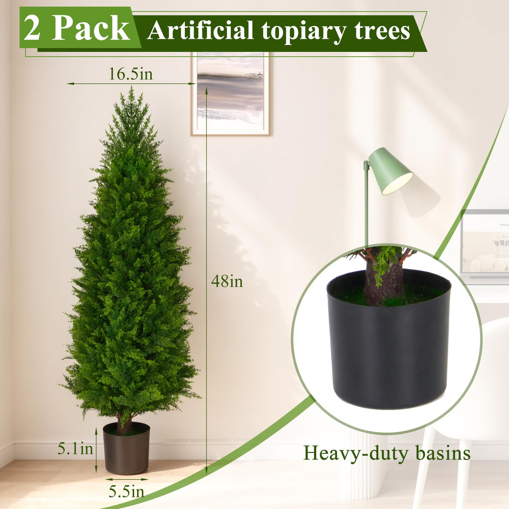 4 Ft Artificial Cedar Topiary Trees 2 Pack, UV Resistant Potted Faux Cypress Shrubs with Extra Dense Foliage for