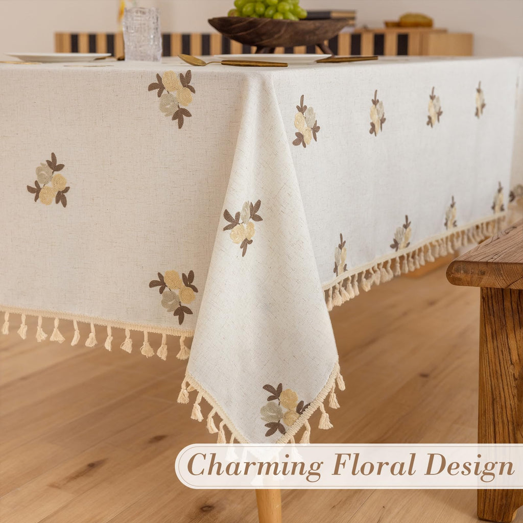 Cream Linen Tablecloth Rectangle 60 x 84 Inch Brown Floral Pattern Embroidered Table Cloth with Tassel Heavy Duty
