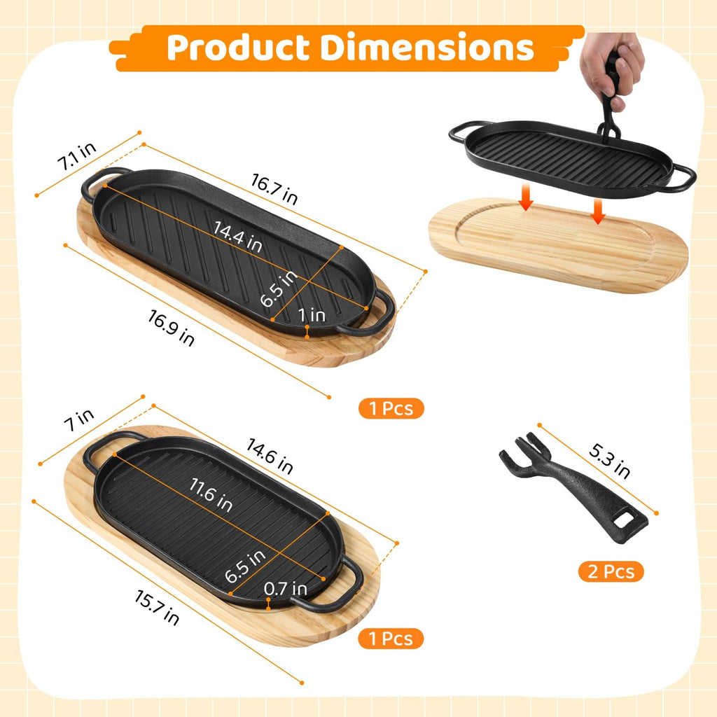 Cast Iron Skillet Set, 2 PCS Fajita Plate Sizzling Pan Cast Iron Plates with Wooden Base Removable Handle, Steak Pan