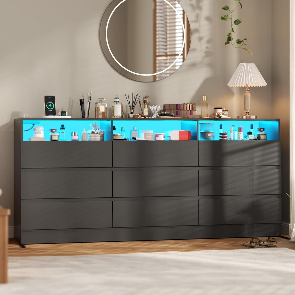 Drawer Dresser with Power Outlet, Black Dressers with LED Light, Dresser Chest of Drawers for Closet, Wood Dressers
