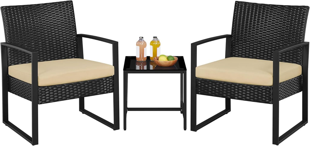 3 Pieces Rattan Bistro Set, Indoor/Outdoor Wicker Patio Modern Conversation Furniture