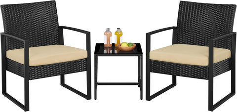 3 Pieces Rattan Bistro Set, Indoor/Outdoor Wicker Patio Modern Conversation Furniture