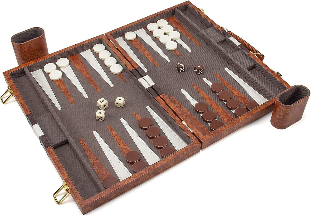 Backgammon Set, 15 Inches Classic Board Game with Leather Case, Folding Board, Gift Package, Portable Travel Strategy