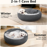 Small Dog Bed with Attached Blanket, Cozy Donut Cuddler Anti-Anxiety Hooded Pet Beds Calming Cave Bed. Orthopedic