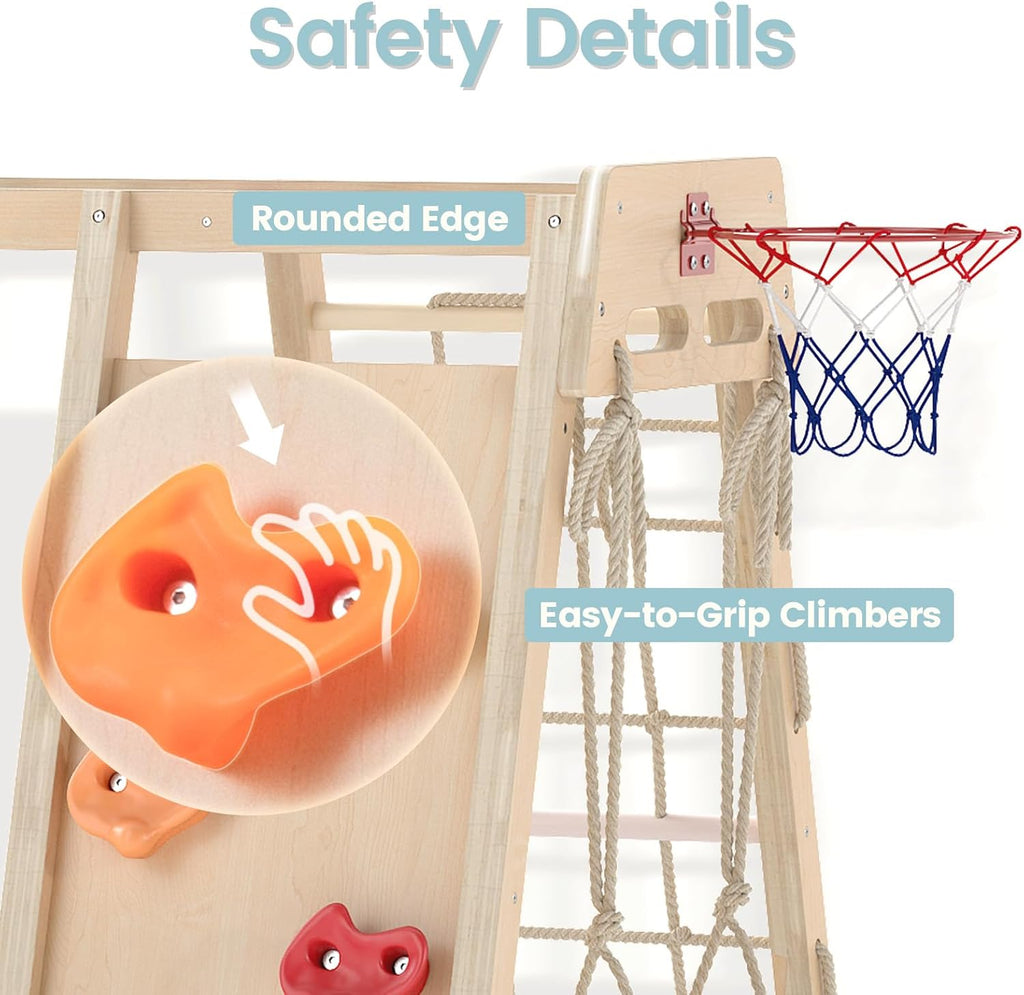 Indoor Jungle Gym, 9 in 1 Wooden Montessori Baby Climbing Toys with Adjustable 2 Swings Ramp, Monkey Bar Basketball