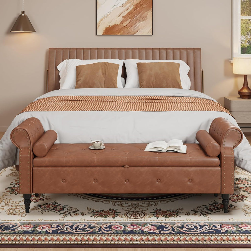 65" End of Bed Storage Bench with Rolled Arms,Storage Ottoman | Large Upholstered Shoe Benches with Nailhead