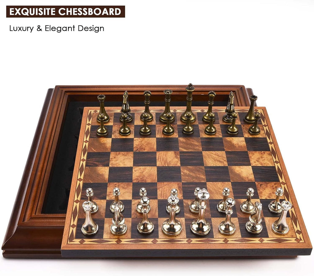 14 inches Wooden Chess Set with Metal Chess Pieces / 2.5'' King/Storage for Chessmen/Gift