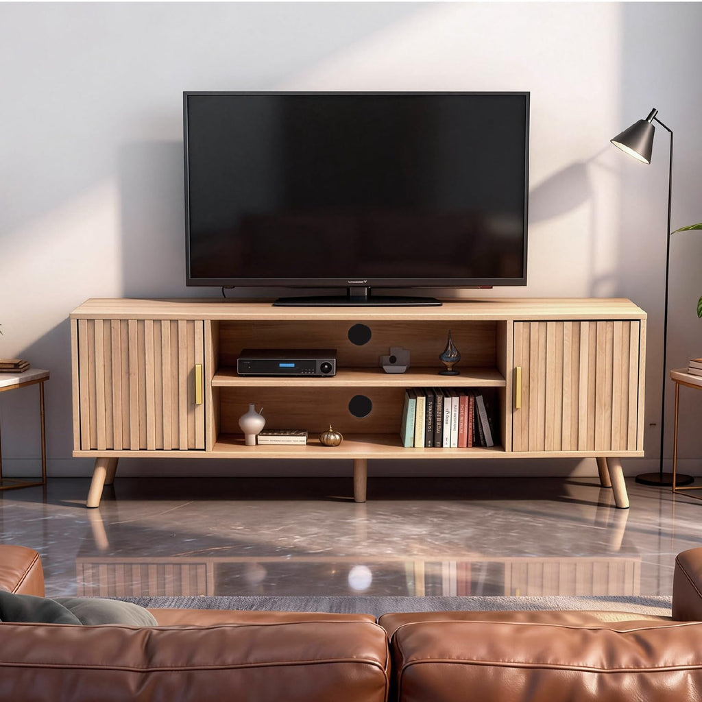 59" TV Stand with Fluted Doors for TVs up to 65", Oak