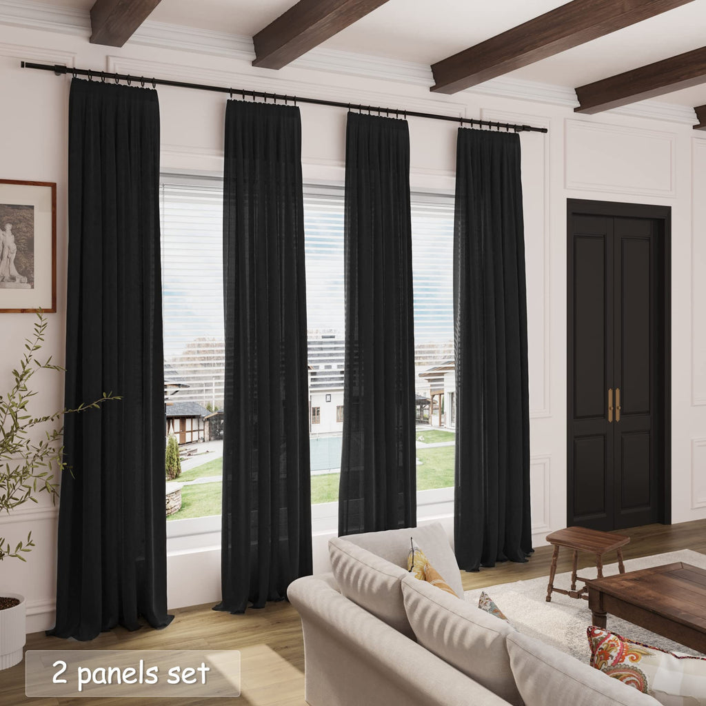 Black Linen Curtains 92 inches Long 2 Panels Back Tab Light Filtering Privacy Sheer Black Curtains Muslin Look Modern