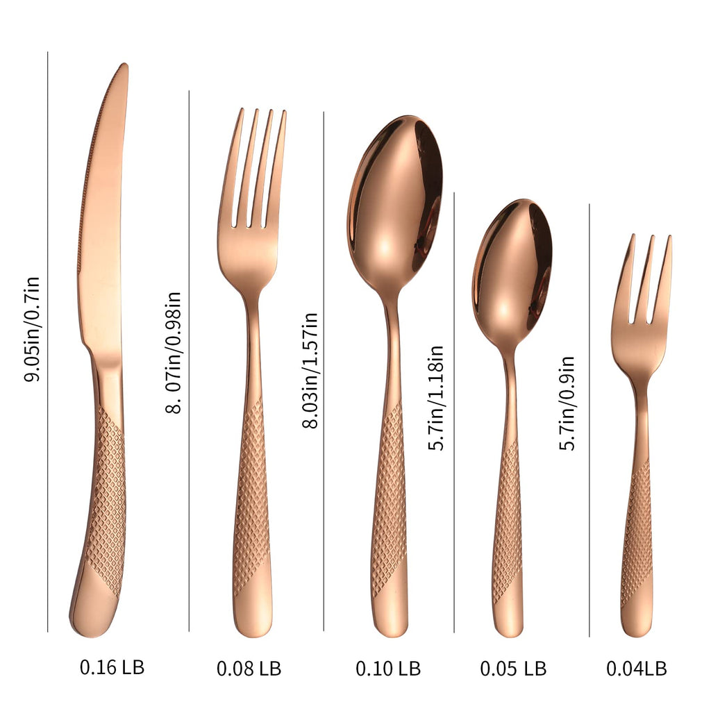Hammered Flatware Set Copper/Rose Gold Silverware 20 Piece Stainless Steel Service for 4 Forks Knives Spoons Heavy