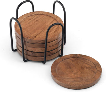 Acacia Wood Round Coasters with Holder - Absorbent Drink Coasters for Coffee & Dining Tables, Farmhouse Home - Set of 6
