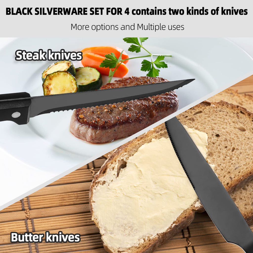 24 Piece Silverware Set for 4 With Steak Knives, Stainless Steel Black Flatware, Utensils, Tableware Cutlery , Hand
