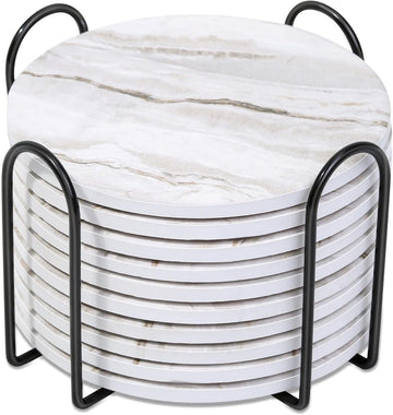 Coasters, Absorbent Drink Coasters with Holder, Marble Style Ceramic Coaster for Wooden Table, Home Decor - Set of 10