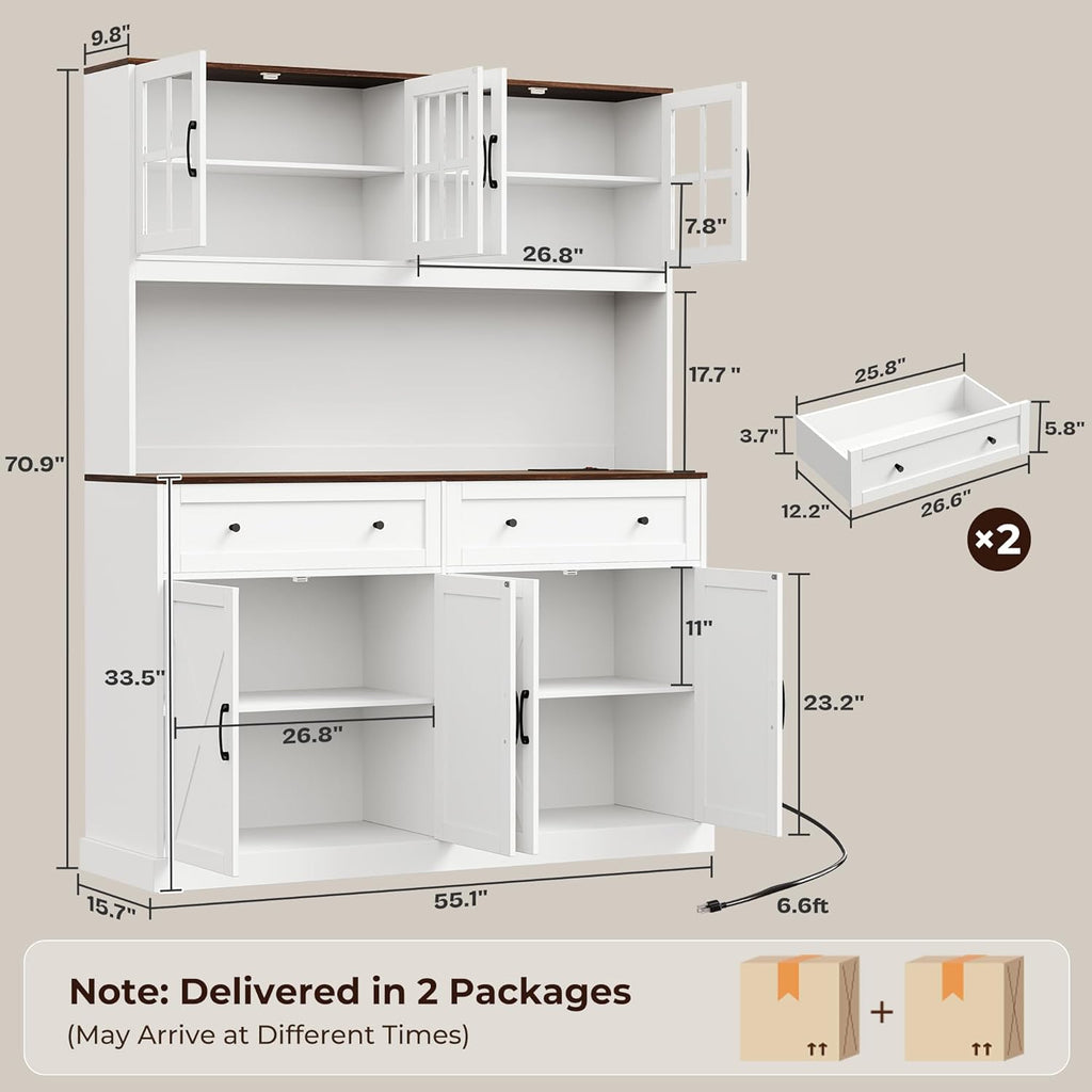 71''H x 55.1''W Pantry Cabinet with Charging Station, 4 Wide Cabinets Kitchen Pantry with 2 Drawers, Farmhouse Hutch