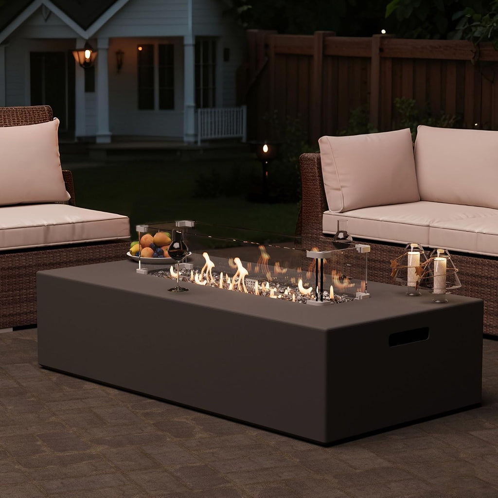 2-Piece Outdoor Propane Fire Pit Table Set - Premium Marble-Like MgO Finish, 56-Inch Gas Fire Table with Glass Wind