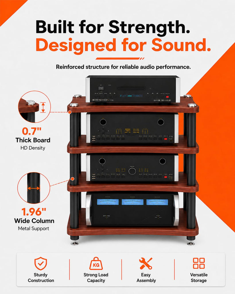 Heavy Duty 4-Tier AV Media Stand, 352 lb Load Capacity, Teak