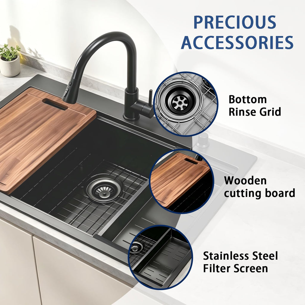 33 Inch Black Drop Sink, 33x22 Top Mount Workstation Handmade 16 Gauge Single Bowl Stainless Steel Sink with cutting