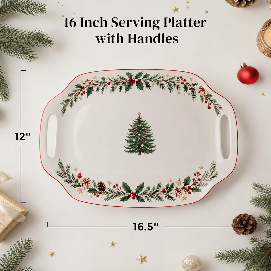 Christmas Serving Tray with Handles - 16.5 Inch Large Ceramic Platter for Turkey, Ham & Party Food, Rectangular