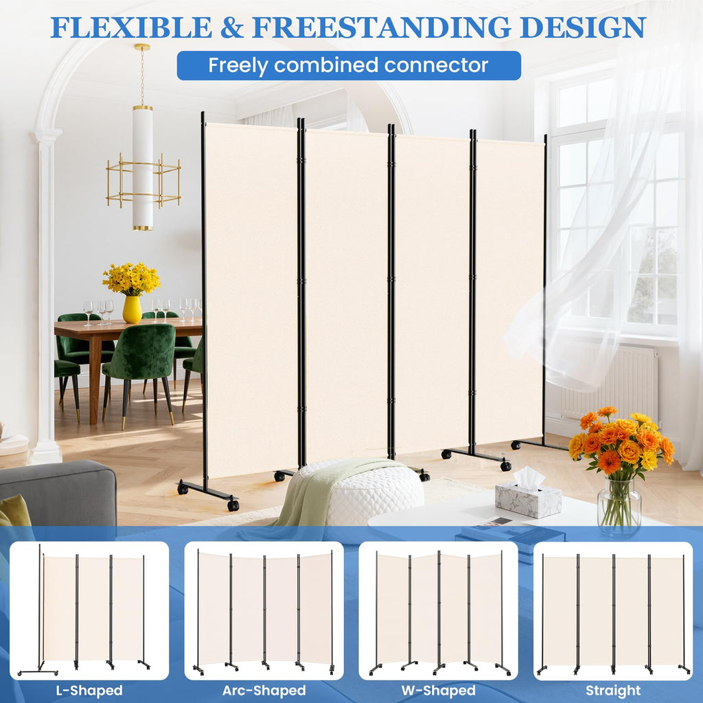 Room Divider Privacy Screens, 8 Panels Dividers with Wheels, Beige