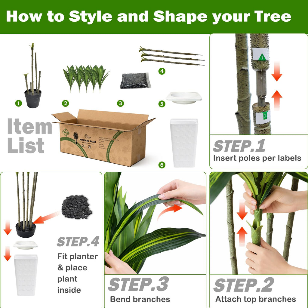 Artificial Dracaena Tree 6FT, faux plants indoor with White Tall Planter
