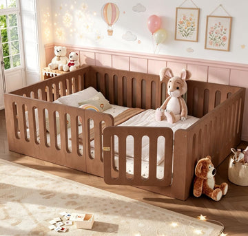 Queen Floor Bed with Door for Kids, Queen Size Floor Bed with High Fence, Wooden Montessori Beds for Kids, Deep