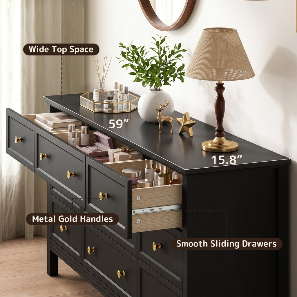 59" Black Dresser with 9 Drawer & Modern Gold Handles