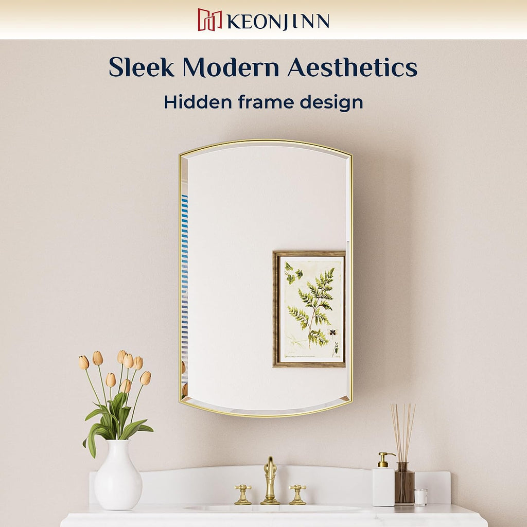 Gold Medicine Cabinet Mirror 16" x 26", Metal Framed | Adjustable Shelves, Different Curved Frame Design, Wall Mirror