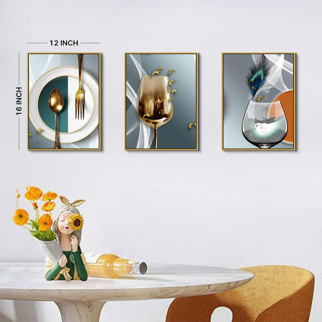 Gold Framed Dining Room Wall Art Wine Glass Pictures Wall Decor Teal Abstract Geometric Kitchenware Canvas Paintings