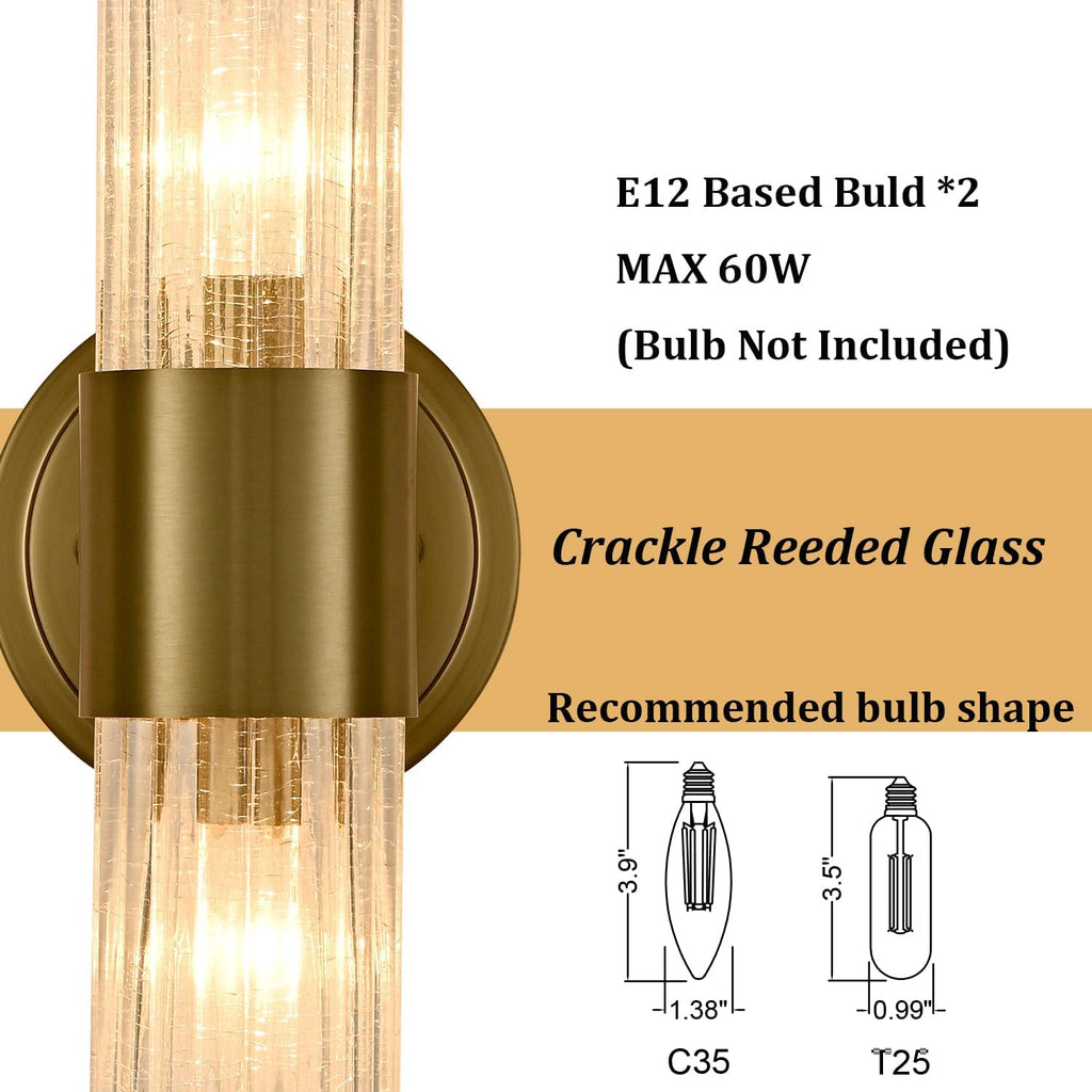 Modern Gold Wall Sconce with Crackle Reeded Glass Shade | Gold 2-Light Wall Light, E12 Indoor Wall Lighting for