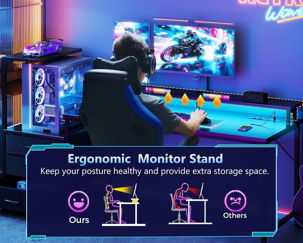 63 inch Gaming Desk with PC Display Stand, Reversible Steel Wood Computer Desk for Gaming Setup, Tiered Design to
