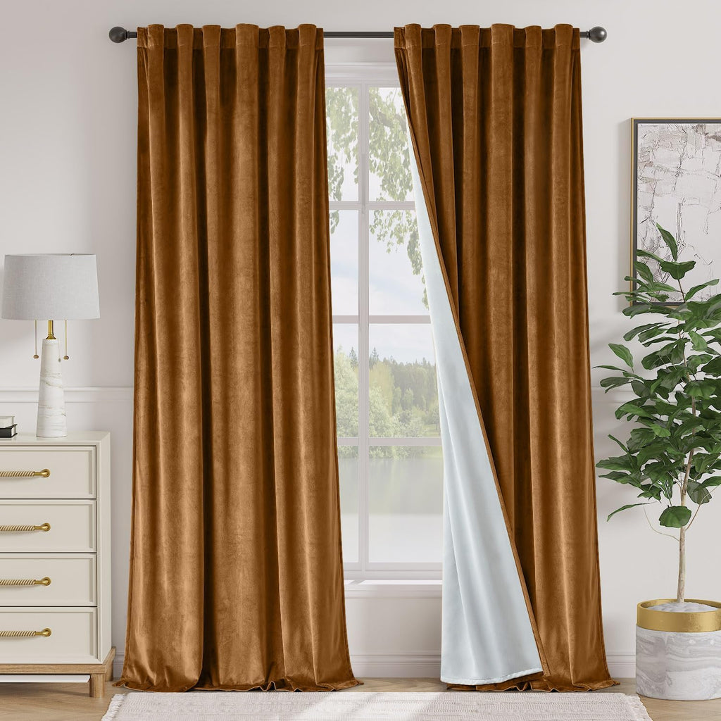 Gold Brown Blackout Velvet Curtains 84 Inch Long Thermal Insulated Room Darkening Curtain Drapes Luxury Back Tab
