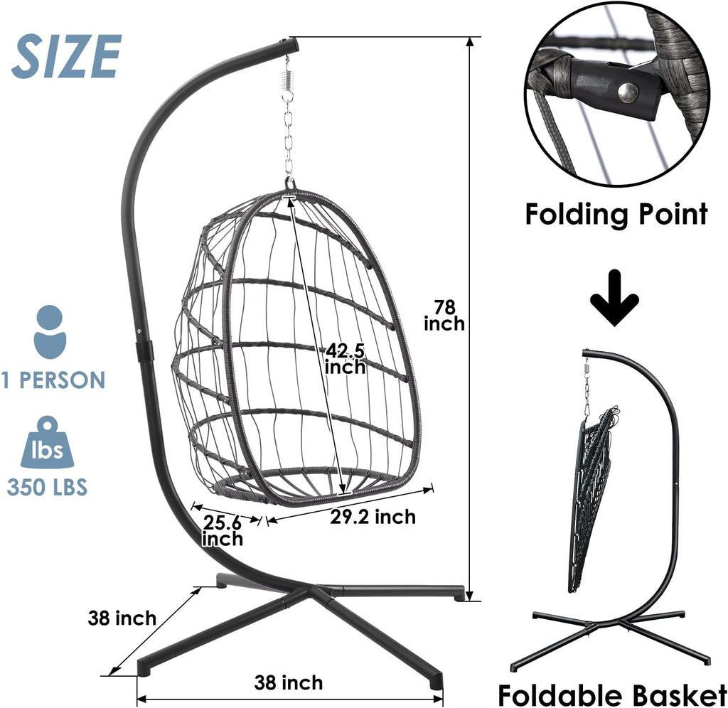 Egg Chair with Stand - Patio Rattan Wicker Hanging Hammock Chair for Indoor Outdoor Bedroom Garden - Aluminum Steel