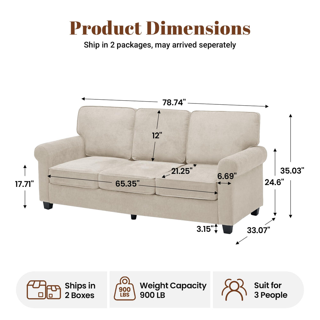 Chenille Standard Sofa with Rolled Arms, Khaki