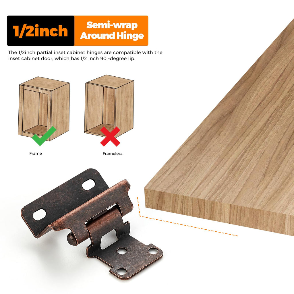 Antique Copper Semi-Overlay 1/2 inch Self-Closing Hinges, 10 Pack