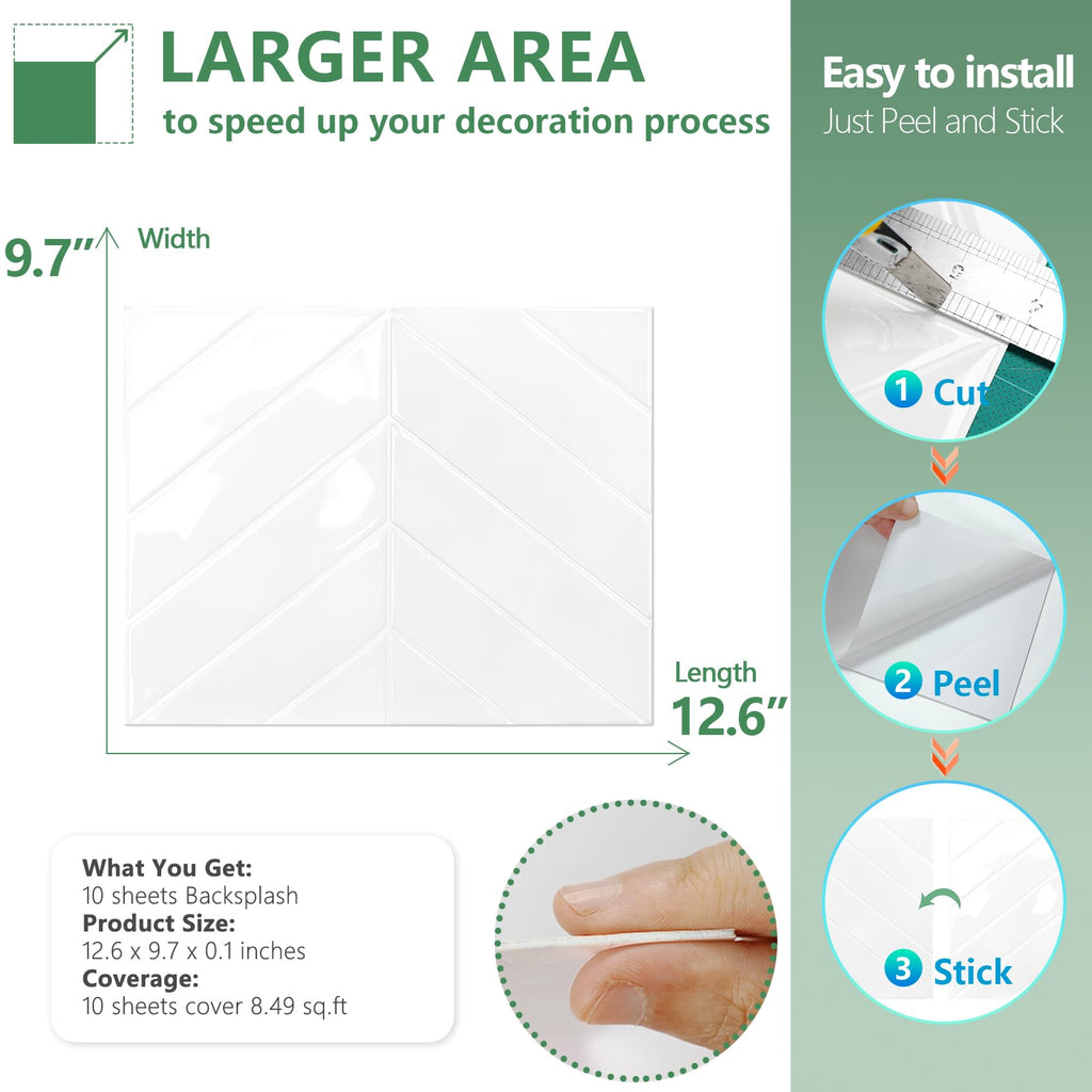Herringbone Peel and Stick Backsplash, Pure White, 10 Sheets