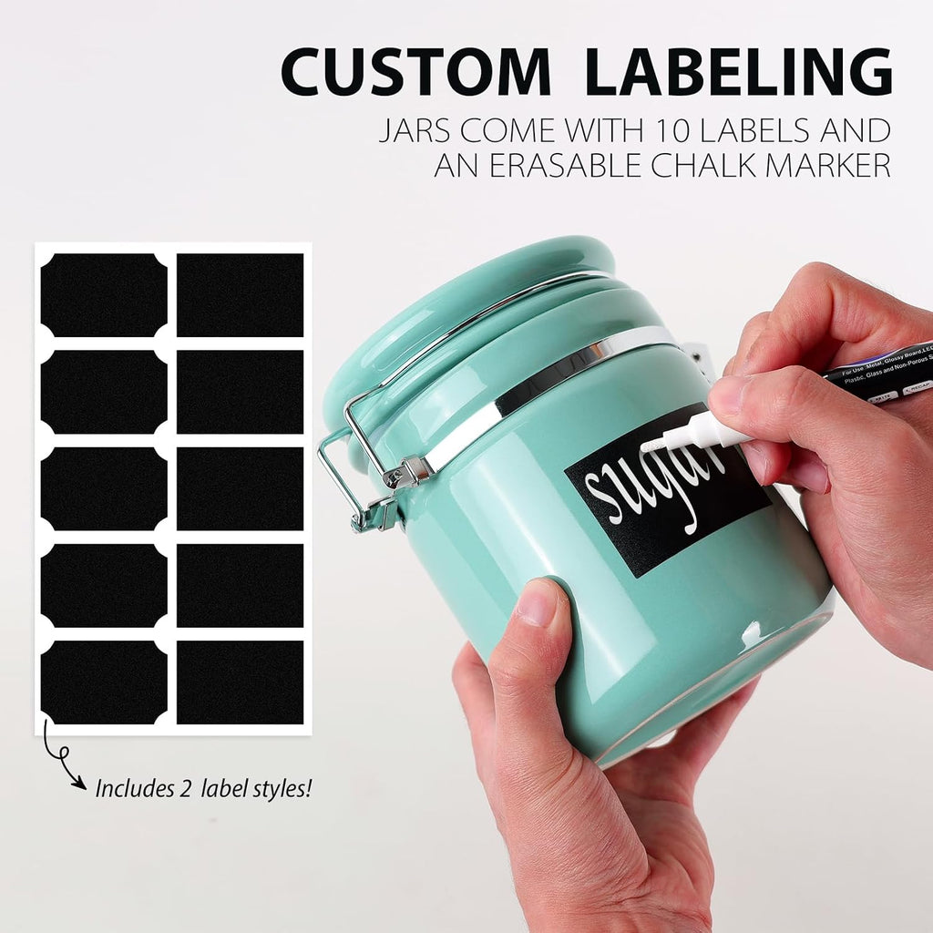 Airtight Ceramic Canister Set With Attached Wooden Spoon Reusable Chalk Labels For Dry Goods Sugar Coffee Tea - Set of 4
